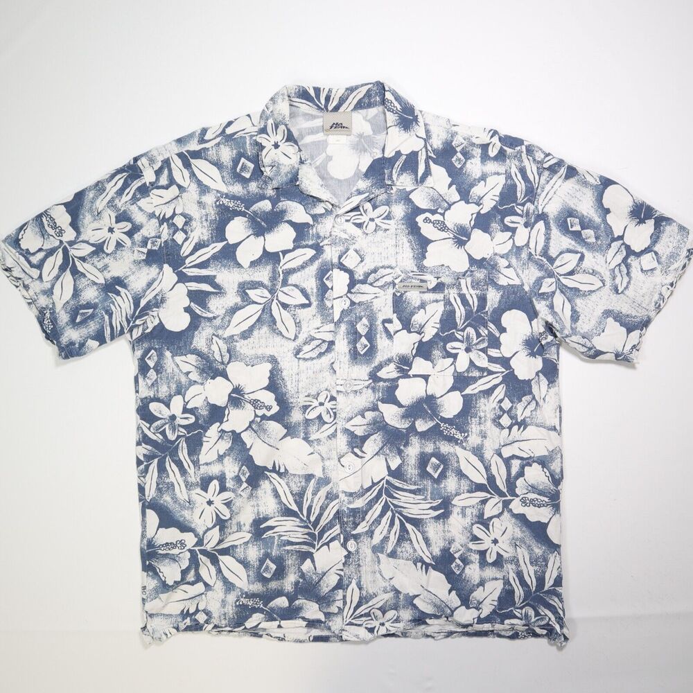 Vintage No Fear Hawaiian Mens XL Shirt Blue White Floral Surfer Made in USA